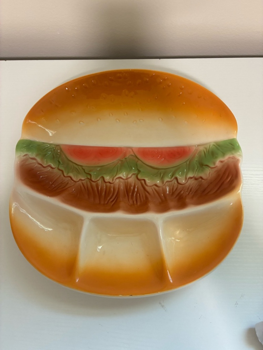 Novelty Hamburger Divided ceramic Serving Platter - Orange and White - Picture 2 of 3